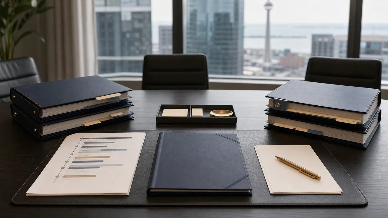Arbitration binders, a procedural timetable, and a pen arranged on a conference table